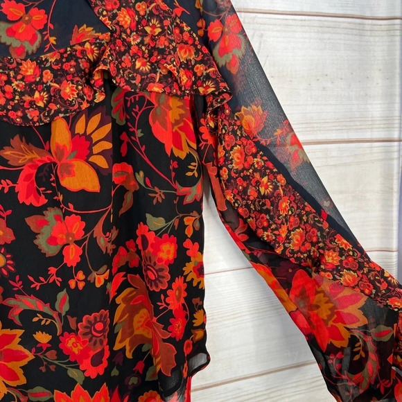LOFT Floral Print Long Sleeve Semi Sheer Ruffle Top Size Small Blue Red - Picture 6 of 14